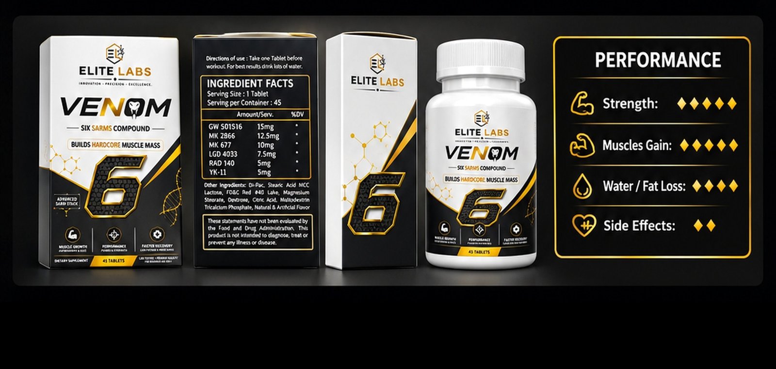 Elite Labs VENOM product box, bottle and performance information