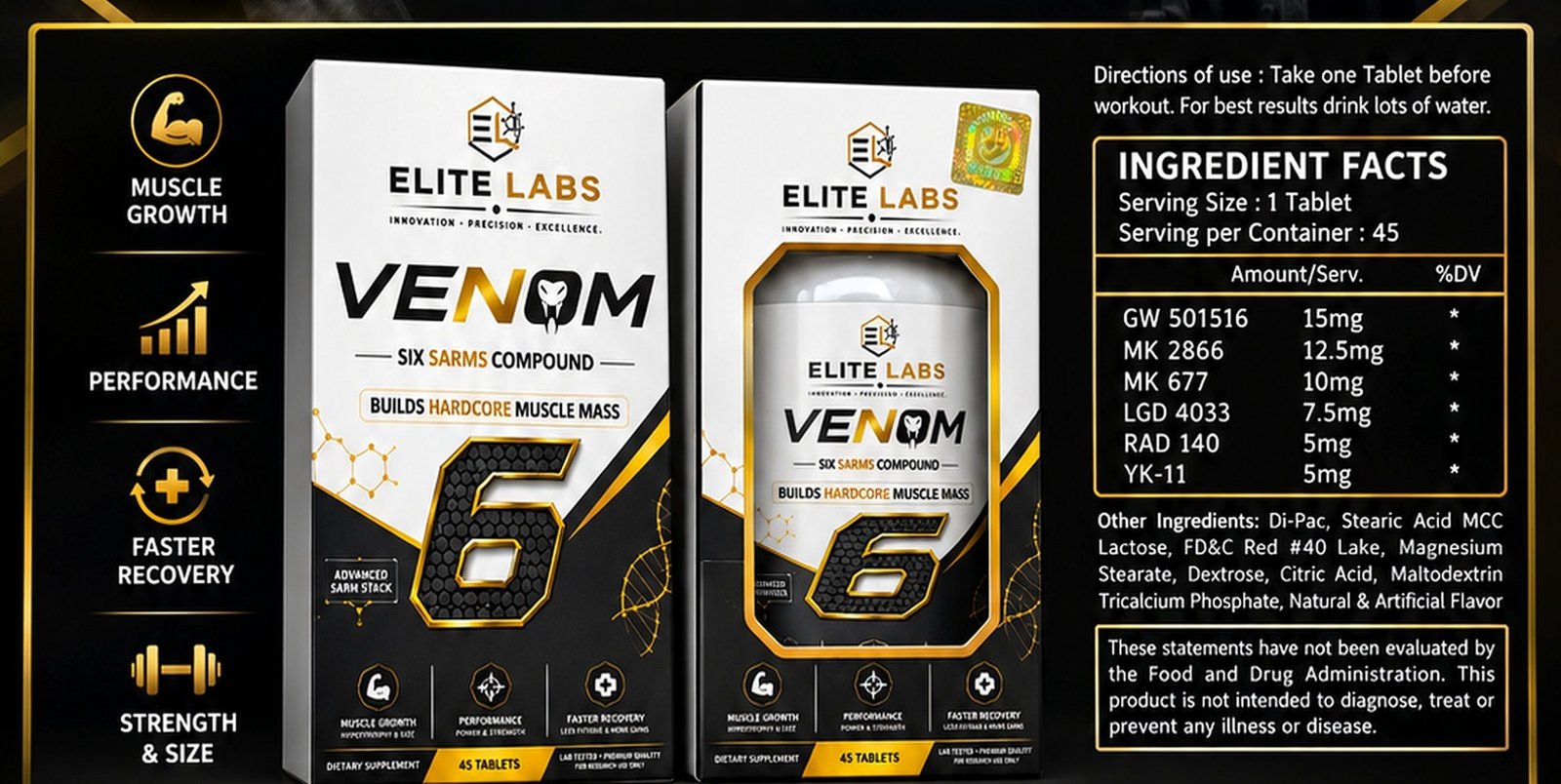 Elite Labs VENOM product packaging and ingredient information
